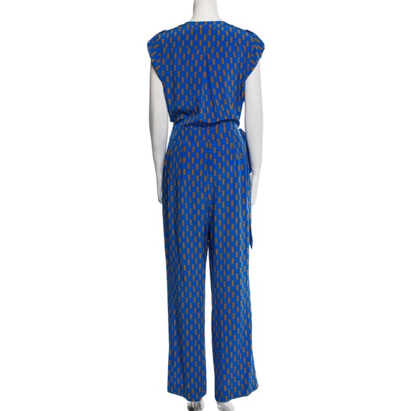 Diane Von Furstenberg 100% silk Blue and Orange Geometric Patterned Jumpsuit - Picture 3 of 10